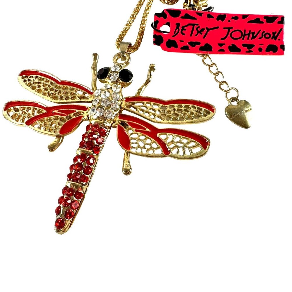 Betsey Johnson Red Crystal Dragonfly Pendant Necklace Gold Tone Chain - Picture 2 of 3